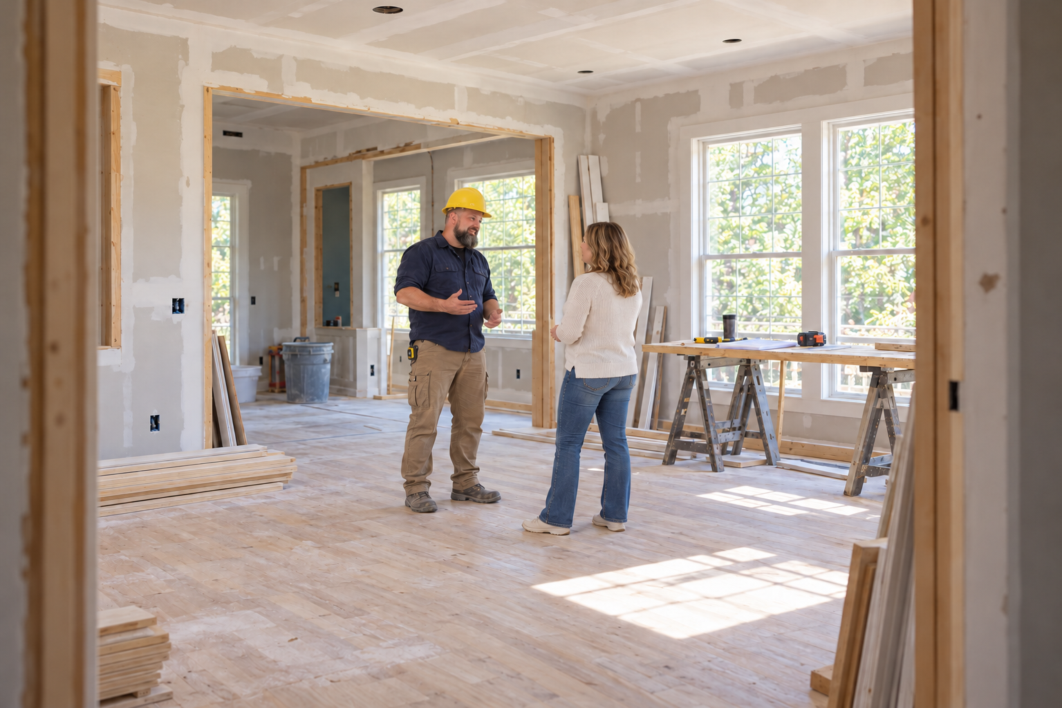AI-rendered scene of Eric Cohen in a yellow hard hat talking with a fictional homeowner at a renovation site