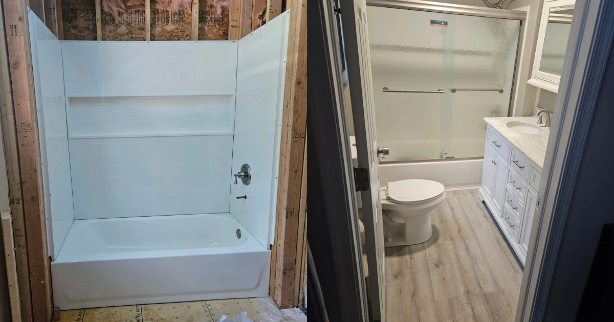 Bathroom renovation: tub surround with exposed framing on the left, updated bathroom with glass shower doors, vanity and flooring on the right