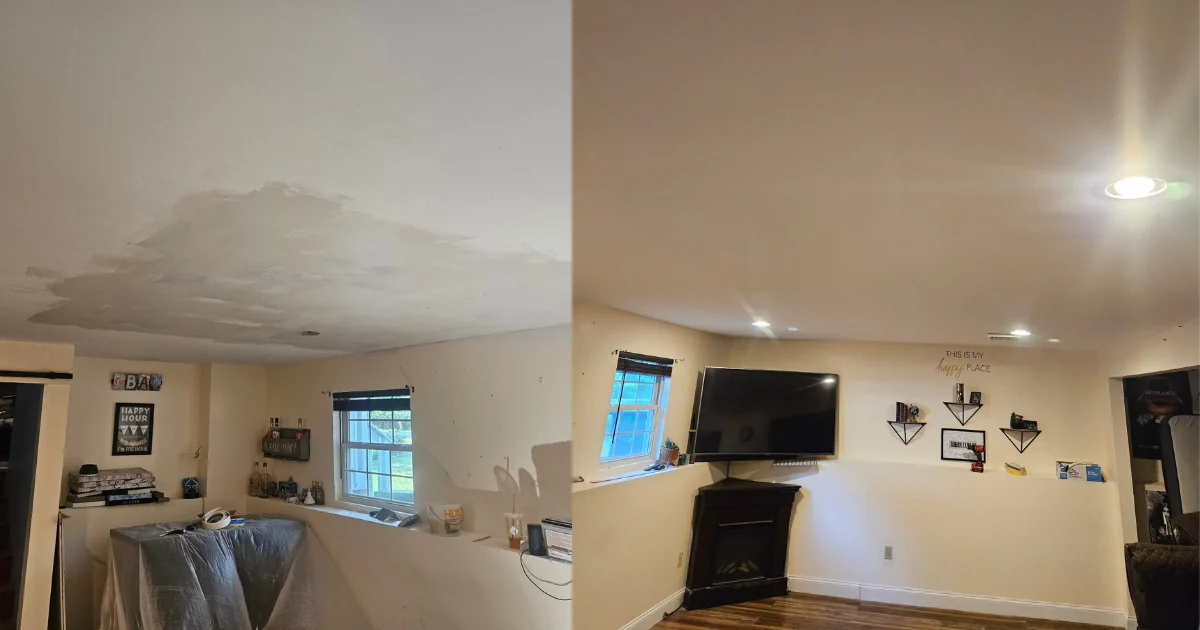 Ceiling with patching in progress on the left and finished ceiling with recessed lights on the right