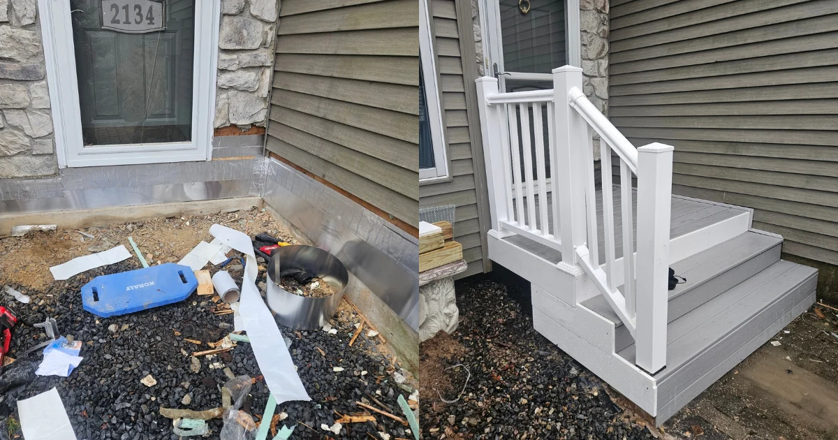 Front entry during construction on the left and completed gray steps with white railings on the right